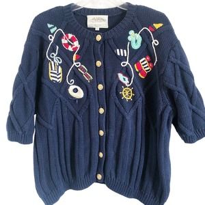 Susan Bristol Vintage 1995 Hand Embroidered Short Sleeve Nautical Sweater 2W